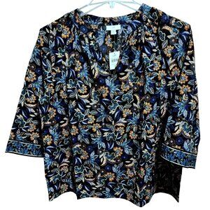 J. Jill Black Lacey Garden Border V-Neck A -Line Pullover Top Sz LP Casual  NEW